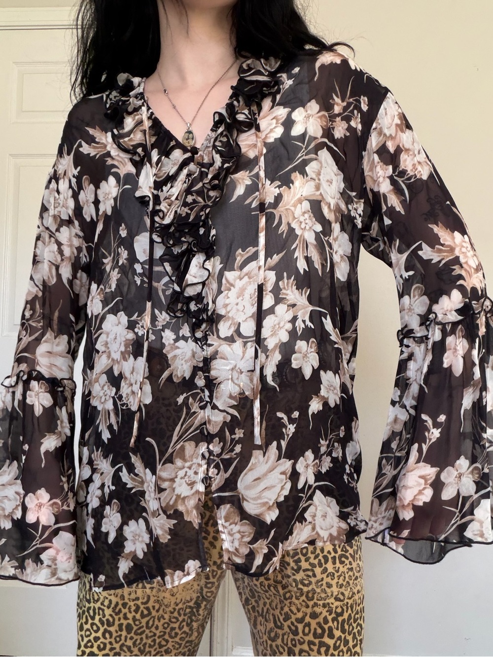 The Kooples Black Sheer Floral Ruffle Blouse Medium